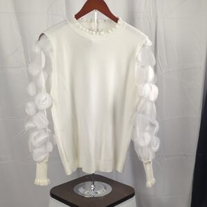 Sioni White Blouse with Sheer Textured Sleeves